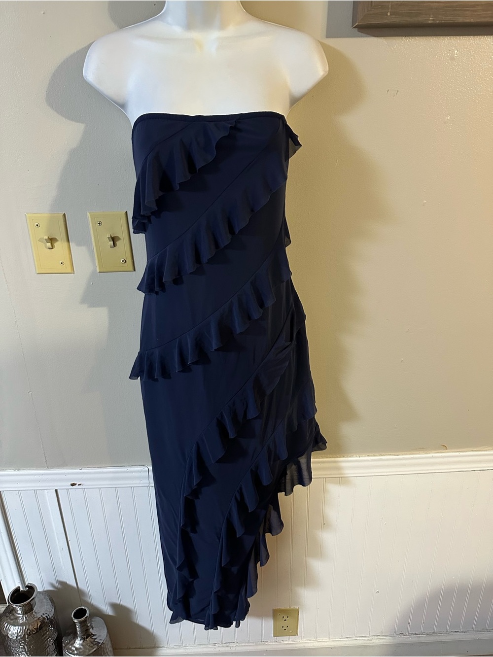 Strapless Navy Ruffle Midi Dress - Picture 3 of 7